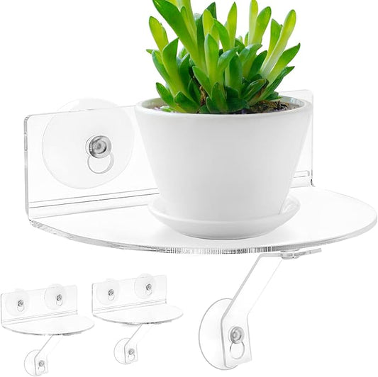 2-Pack Acrylic Window Plant Shelves with Suction Cups & Support Brackets - Semicircular Window Sill Extender for Herb Pots, Succulents, Flower Boxes, Micro Greens | Indoor/Outdoor Use Skewo