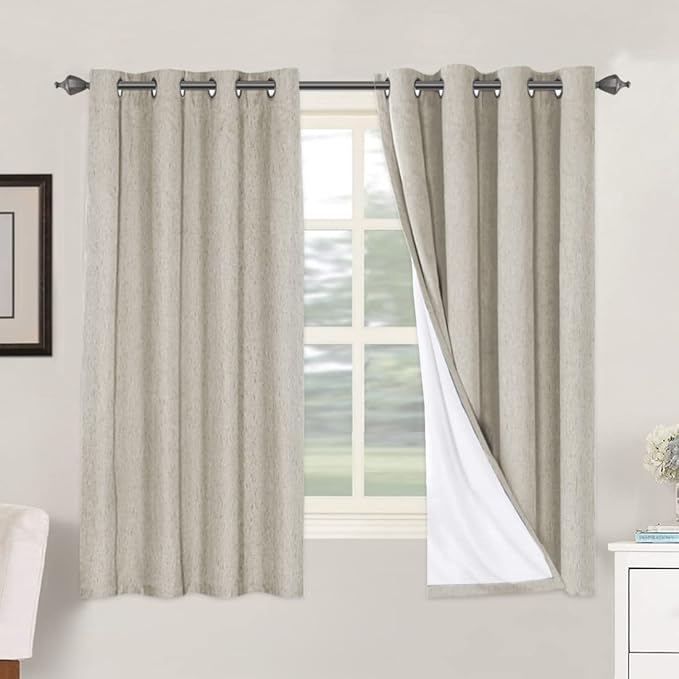 H.VERSAILTEX 100% Blackout Curtains for Bedroom Thermal Insulated Linen Textured Curtains Heat and Full Light Blocking Drapes Living Room Curtains 2 Panel Sets, Cobblestone, 52x63 Inch HVERSAILTEX