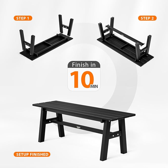 VINGLI 47” Outdoor HDPE Bench, Weatherproof Garden Bench w/Metal Legs, Poly Lumber Porch Benches, 660 LBS Capacity Outdoor Backless Patio Benches for Entryway Deck (Black) VINGLI