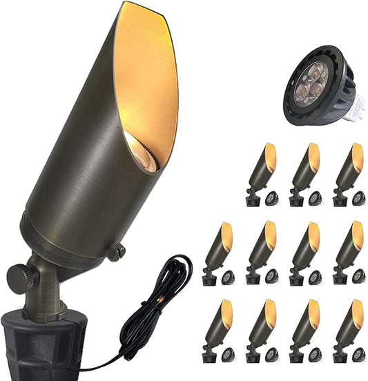 COLOER Brass Landscape Spotlights,12 Pack Spotlight Fixture Outdoor with 5W Aluminum Housing MR16 LED Bulb 2700K 450LM,12V AC/DC Low Voltage Landscape Lighting, Uplight for Garden and Patio(103B) COLOER