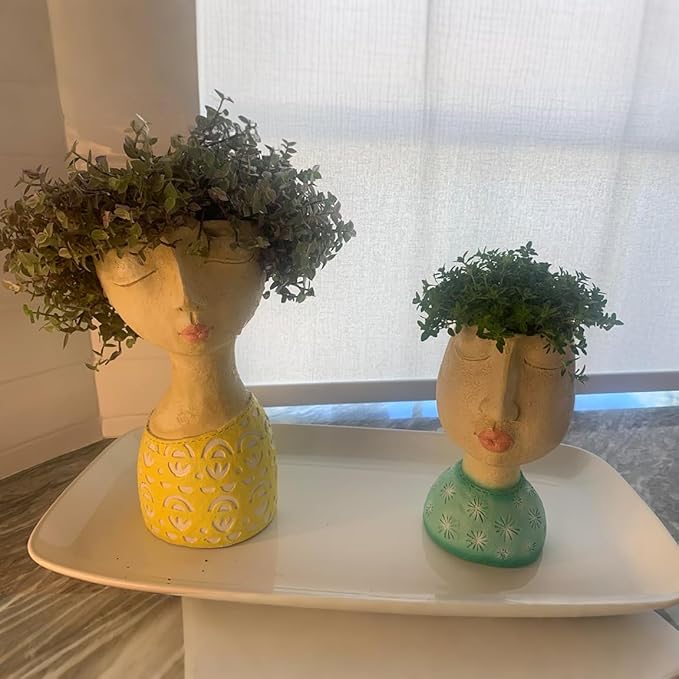 DiliComing Resin Face Planters Pots Head - 8 Inch Indoor and Outdoor Pot with Drainage Hole for Succulents Plants Home Garden Decor Unique Girl Sculpture Plant Pot DiliComing
