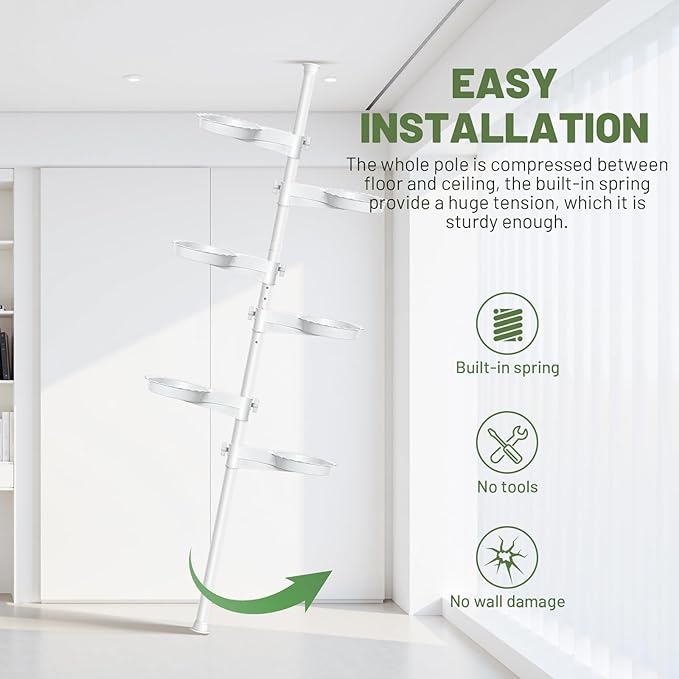 Tension Rod Plant Stand, Plant Poles for Hanging Plants Indoor, 6 Tier Tension Pole Plant Hanger, Floor to Ceiling Plant Pole with 6 Trays Hanging Plant Stand, White Zononoca