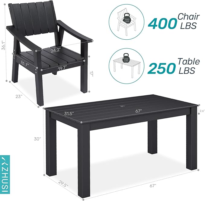 ZHUSI Patio Table and Chairs Set, Outdoor Table and Chairs,HDPE Outdoor Dining Set with Umbrella Hole for Backyard, Poolside, Porch (Black, 7 PC) ZHUSI
