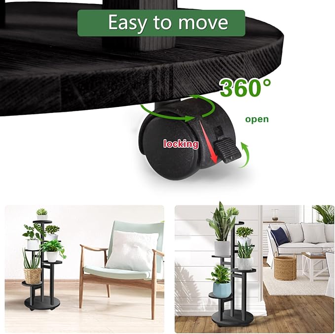 GEEBOBO 5 Tiered Tall Plant Stand for Indoor, Wood Plant Shelf Corner Display Rack, Multi-tier Planter Pot Holder Flower Stand for Living Room Balcony Garden Patio (Black) GEEBOBO