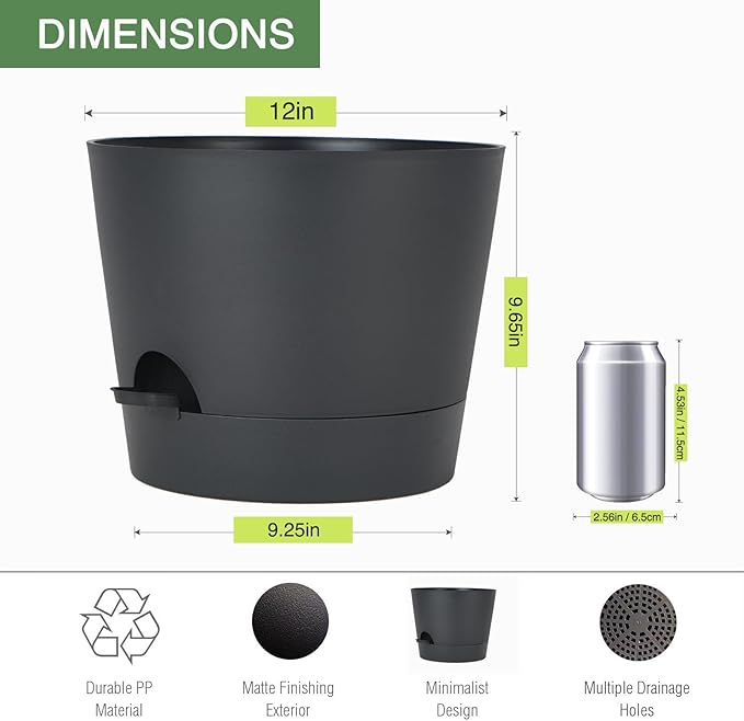 12inch Large Self Watering Plant Pot, Plastic Cylinder Planter with 60Oz Deep Reservoir and Saucer for Indoor Outdoor Plants Flowers Houseplants, Black SwinDuck