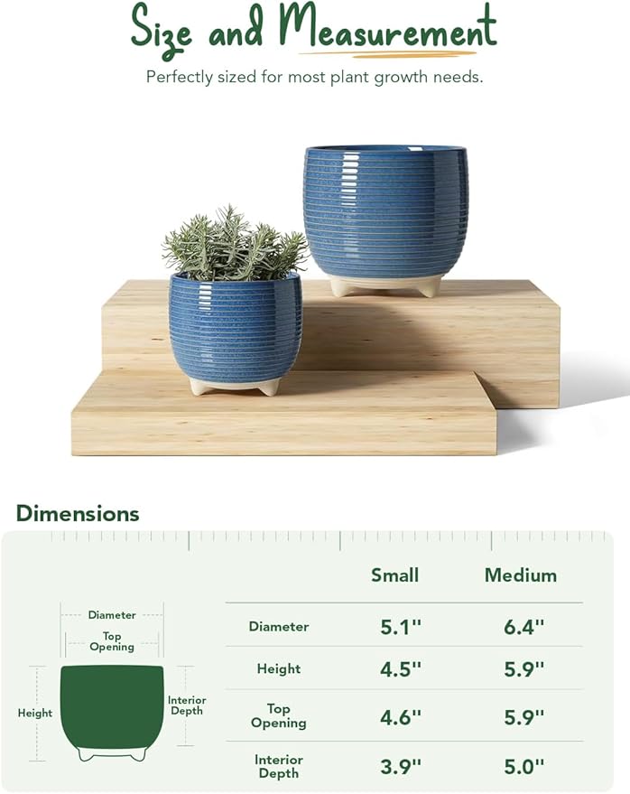 LE TAUCI Ceramic Plant Pots, 5.1 + 6.4 Inch Footed Pots for Plants, Modern Flower Pots for Home and Office, Indoor Planters with Drainage, Reactive Glaze Blue LETAUCI