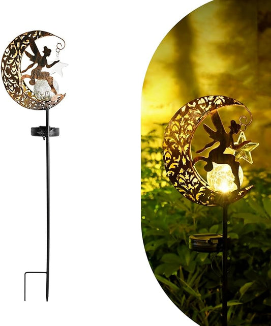 Solar Lights Garden Decorations Outdoor-Moon Fairy Lights with Crackle Glass Globe, Lawn Decorative Lights Waterproof Warm White LED, Decoration for Pathway Lawn Patio Courtyard Backyard(Moon Fairy) YMTengFei