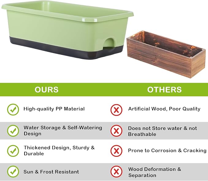 Window Box Planter 6 Pcs, 17 Inches Rectangle Flower Pots with Drainage Holes and Trays, Vegetable Planters for Windowsill Patio Garden Balcony Home Indoor Outdoor (Light Green, 18*10*6 inch) Oliz