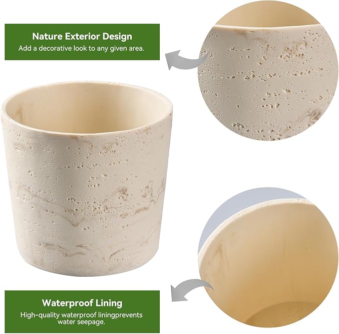 Ekirlin 7 Inch Natural Travertine Textures Plant Pot, Resin Outdoor Planter with Drainage Hole, Removable Rubber Stopper and Non-Slip Soft Pad,Weatherproof Decorative Pot for Indoor/Garden Plants Ekirlin