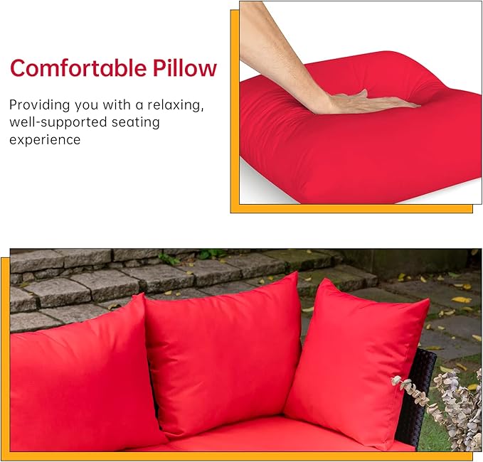 FDW Patio Furniture Sets 5 Pieces Outdoor Wicker Conversation Set Sectional Sofa Rattan Chair for Outdoor Backyard Porch Poolside Balcony Garden Furniture with Coffee Table,Red Cushion FDW