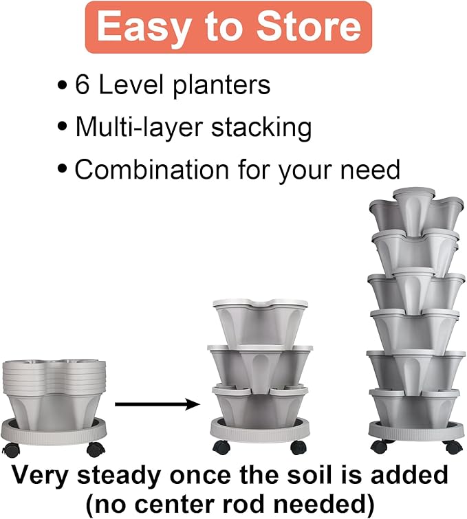 GameXcel Vertical Planter 6 Tier Stackable Planters Garden Planters Strawberry Herb Flower and Vegetable Planter Indoor Outdoor Gardening Pots with Removable Wheels and Tools GameXcel