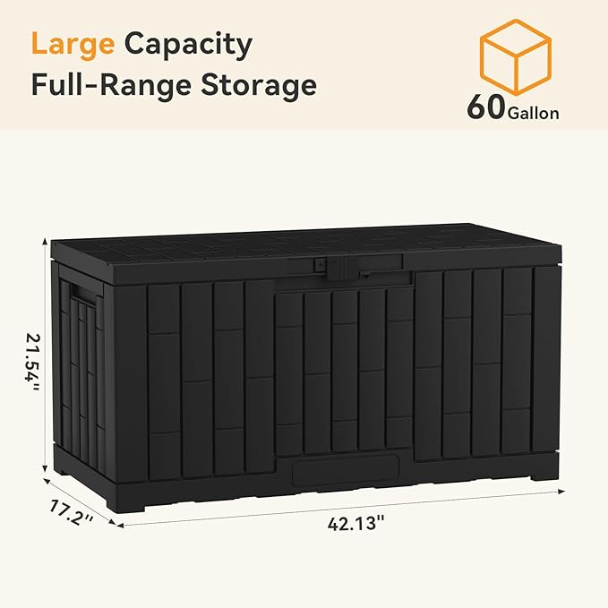 NEWBULIG 60 Gallon Deck Box, Waterproof Outdoor Storage Box with Lockable Lid, Patio Furniture Bench & Side Table, Outside Storage Container, Tool-Free Assembly, for Garden, Pool, Black NEWBULIG