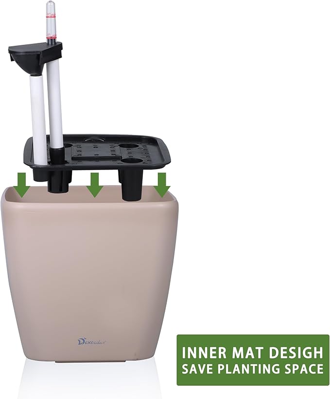 Dexceder 18x17 Self Watering Planter with Wheels Indoor Outdoor, Inner Mat Design, Thickened Large Floor Standing Flower Plant Pot with Water Level Indicator (Taupe Matte) Dexceder