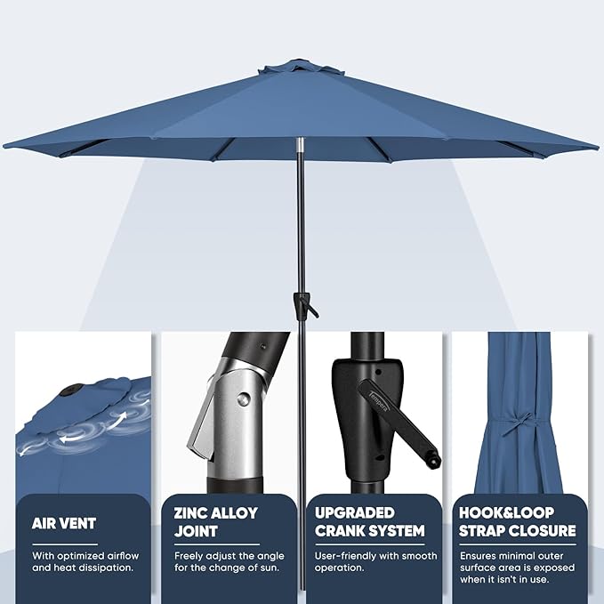Tempera Patio Market Outdoor Table Umbrella with Auto Tilt and Crank, Large Sun Umbrella with Sturdy Pole & Fade Resistant Canopy, Easy to Set TemperaPatioLife