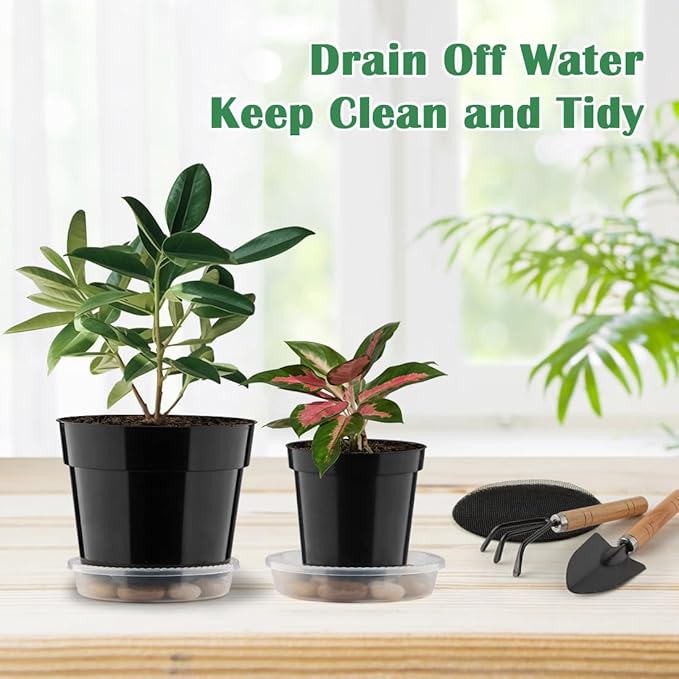 20 Pack Plant Pots, 6 Inch Plastic Plant Planter with Saucers and Mesh Mats, Durable Flower Pots with Drainage Holes Perfect for Indoor Outdoor, Black RooTrimmer