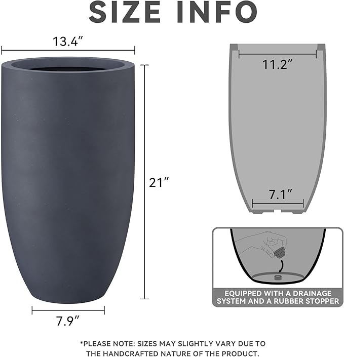 Kante 24 Inch Tall Round Concrete Planter, 2 Pack Large Indoor Outdoor Plant Pots with Drainage Hole and Rubber Plug, Modern Decorative Garden Pots for Home Patio Porch, Charcoal Kante