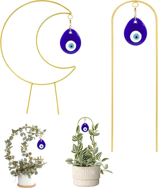 2 Pack Small Trellis for Potted Plants, Gold Metal Plant Support Stake for Indoor Climbing Plants,Boho Plant Decor Accessories Star and Full Moon Shapes - Gold Color Size: 17" x 7" Slepceub
