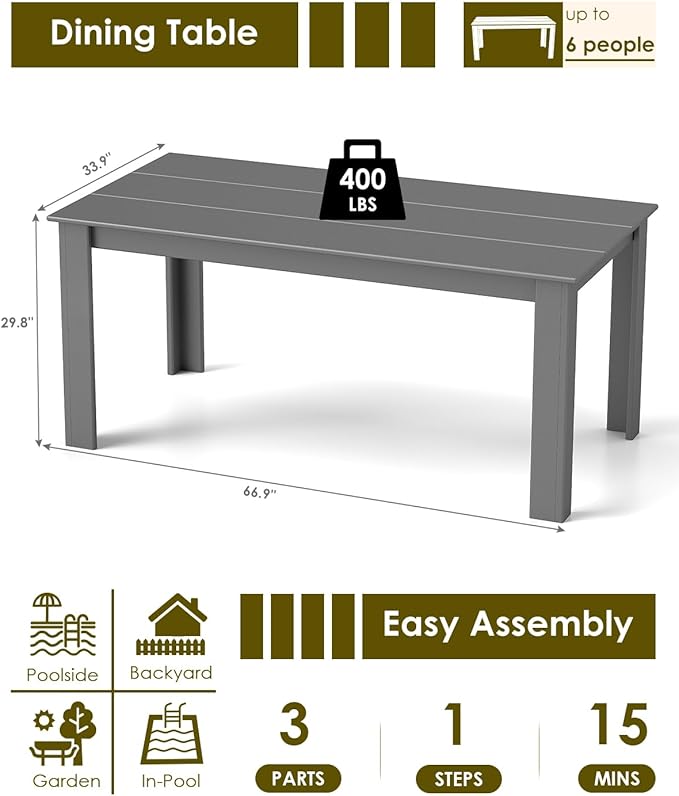 GREENVINES Outdoor Dining Table | 67’’ | HDPE | Rectangle Tables for 6 | All-Weather | Umbrella Hole | Patio Furniture | for Poolside Backyard Garden | Grey GreenVines