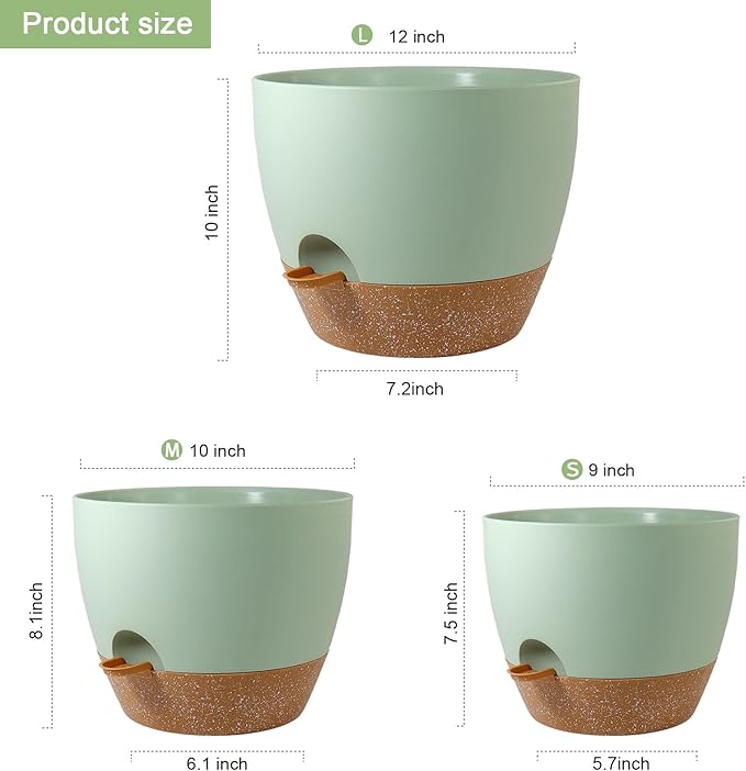 Big Self Watering Pots 12/10/9 inch, Planter, Plant Pots with Mesh Drainage Holes for Indoor Outdoor Garden Plants, Plastic Flower Pots with Removable Deep Reservoir, Green with Brown WSMKSZ