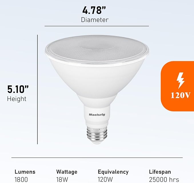 PAR38 LED Flood Light Bulbs Outdoor, 18W (120W Equivalent), Daylight 5000K, Dimmable Weatherproof LED Outdoor Flood Lights with E26 Base, 1800LM, 4 Pack Maelsrlg