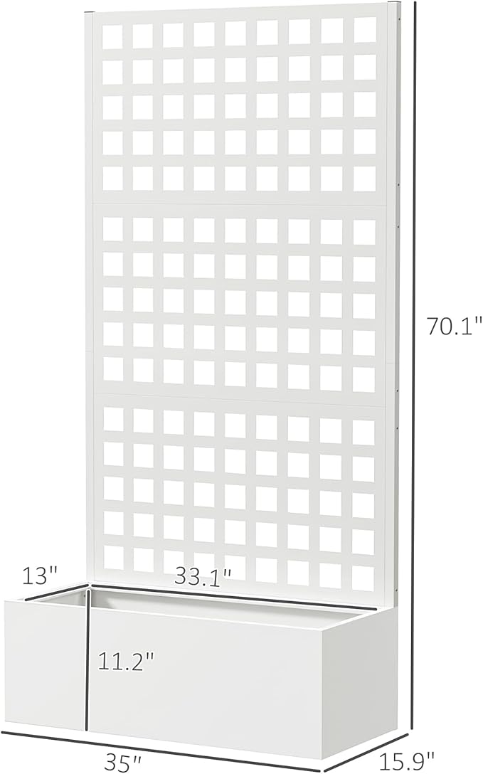 Outsunny Galvanized Raised Garden Bed with Trellis, Metal Planter Box with Drainage Holes, Outdoor Privacy Screen for Climbing Plants, Vegetable, Vines, 35" x 16" x 70", White Outsunny