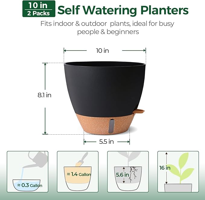 2 Pack 10 Inch Self Watering Pots - Water Level Indicator & Deep Reservoir, Mess-Free Planter for Busy People, Beginners & Gardeners, Fiddle Leaf Fig, Monstera, ZZ Plants, Indoor Outdoor Use (Black) T4U