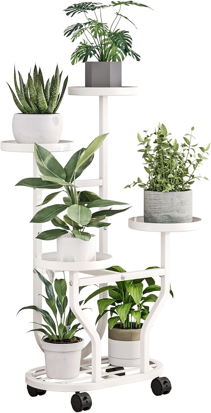 Plant Stand Indoor Outdoor 4 Tier Flower Holder with Wheels Metal Plant Shelf Corner Display Rack Multi Plants Sheleves for Living Room Garden Patio White YIZAIJIA