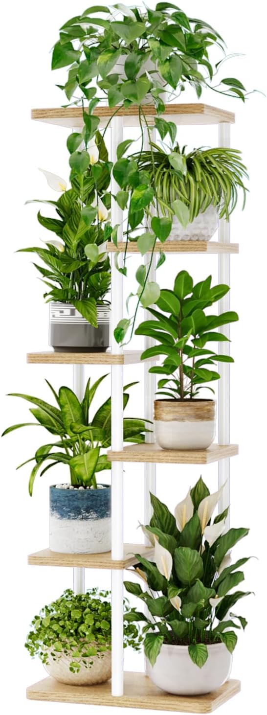 Bamworld Tall Plant Stand Indoor 6 Tier Plant Shelf for Multiple Plants, Tiered Flower Pot Stands for Patio Garden Balcony Living Room Bedroom, White Bamworld