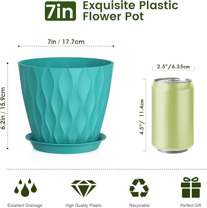 7 inch Plant Pots for Indoor Outdoor Plants, 5 Pack Thick Flower Pots with Drainage Holes and Saucers, 3D Modern Wave Texture Plastic Planter Pots for Nursery and House Plants, Blue Green Meowell