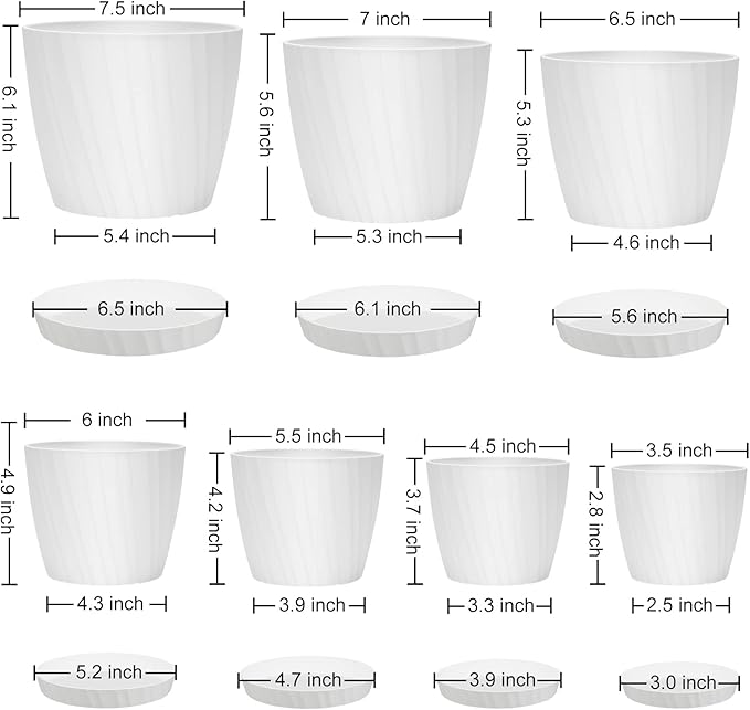 7 pcs Plant Pots with Drainage Holes and Saucers, Indoor Planters, Set of 7 (7.5, 7, 6.5, 6, 5.5, 4.5, 3.5 Inches), White AFamilyofGardenLovers