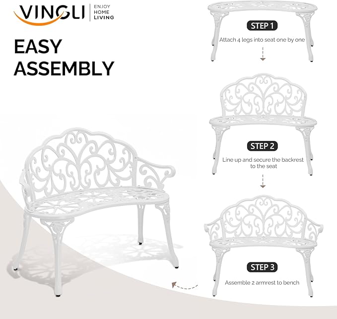 VINGLI 38.5" Patio Park Garden Outdoor Metal Rose Bench, 2-Person Cast Iron Cast Aluminium Frame Antique Finish Chair,Accented Lawn Front Porch Path Yard Decor Deck Furniture (White, Butterfly) VINGLI