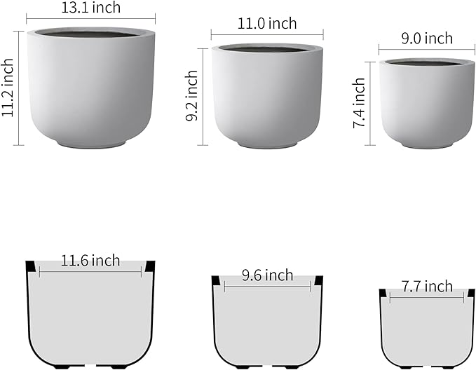 Kante 13",11",9" Dia Pure White Concrete Round Planters (Set of 3), Outdoor Indoor Modern Planter Pots, Lightweight, Weather Resistant, Seamless with Drainage Hole Kante