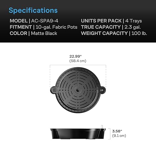 AC Infinity Self-Watering Fabric Pot Base XL, 4-Pack Auto-Irrigation Water Delivery System with Reservoir Meter, Extra Large Elevated Plant Saucers for Indoor Grow Tents, Greenhouses, Outdoor Gardens ACInfinity