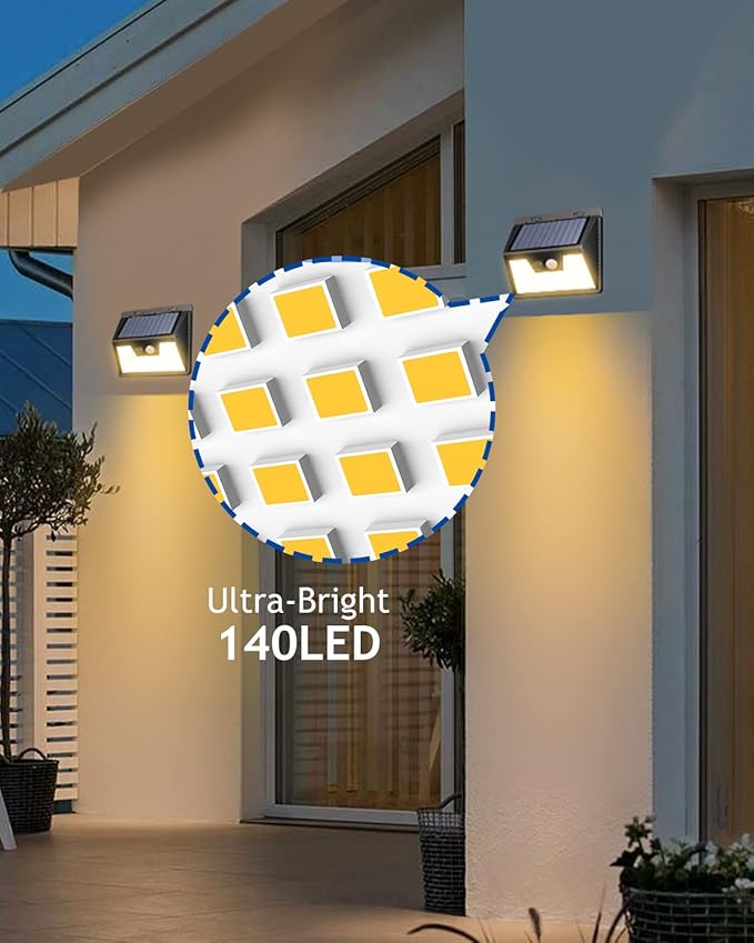 Peasur LED Solar Lights Outdoor Motion Sensor, 2 Packs Waterproof Solar Power Fence Security Lighting, 3 Mode Yard Deck Lamp for Wall Stairs Home Outside Warm White Peasur