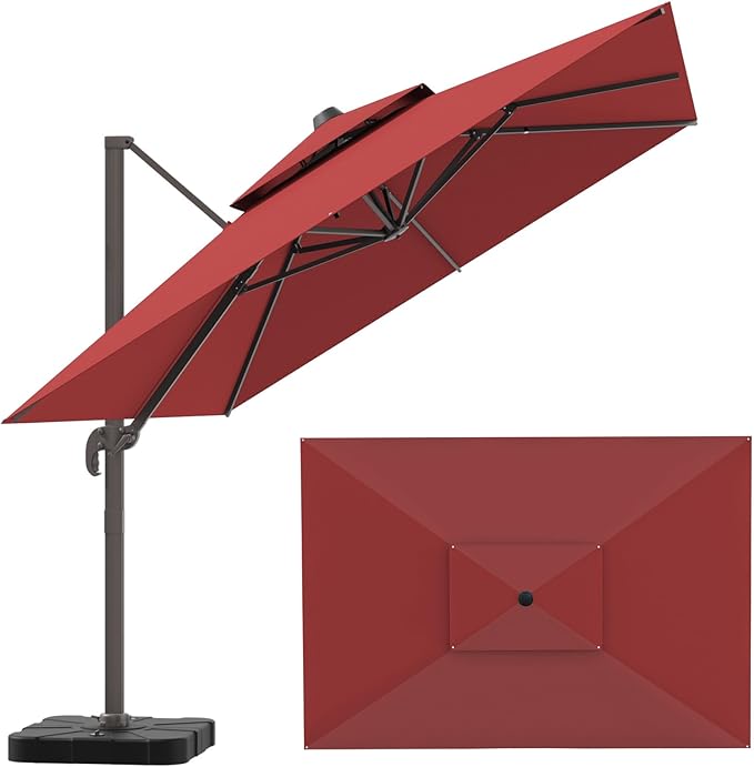 10x13FT Cantilever Outdoor Patio Umbrellas，Double Top Large Rectangle Umbrella Heavy Duty 360°Rotation Offset Outdoor Sun Shade Umbrella for Garden Deck Pool Backyard Patio, Red ZLACUIU