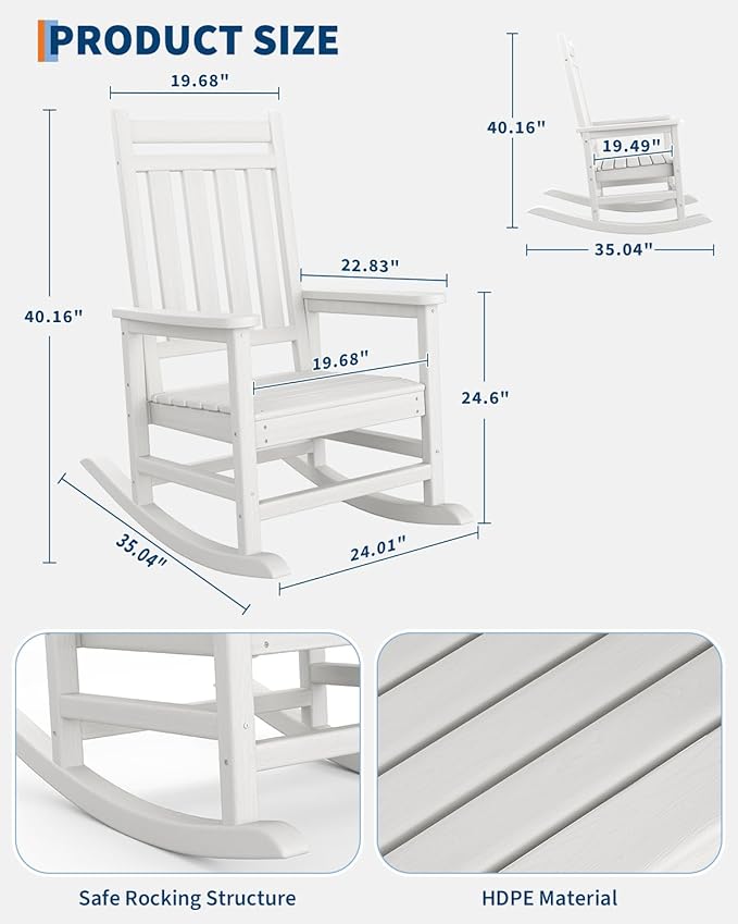 GarveeLife Poly Lumber Rocking Chair Outdoor Set of 4 with 2 Side Table - HDPE High Back Porch Rocker Chairs for Adults - All Weather Resistant Furniture for Patio - White GarveeLife