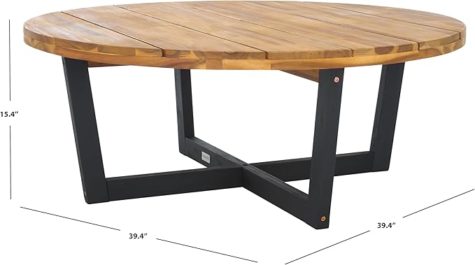 SAFAVIEH Outdoor Collection Leo Natural/Black 4-Leg Round Coffee Table, Ideal for Deck, Patio, Backyard, Sunroom SAFAVIEH