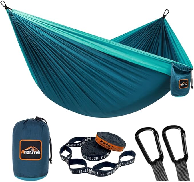 Camping Hammock, Super Lightweight Portable Parachute Hammock with Two Tree Straps Single or Double Nylon Travel Tree Hammocks for Camping Backpacking Hiking AnorTrek