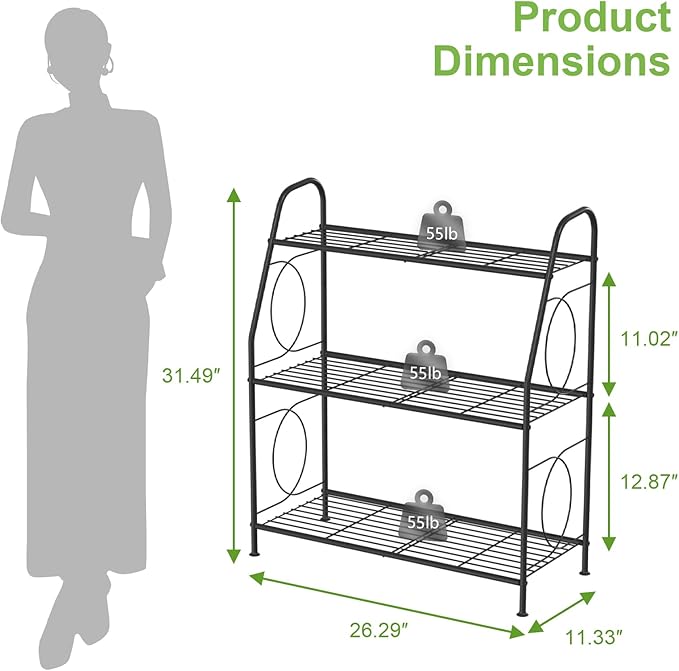 Plant Stand, 3 Tier Plant Shelf for Indoor Outdoor, Heavy Duty Metal Outdoor Plant Stand Holder Rack for Living Room Balcony and Garden, Iron Wire, Black VyGrow