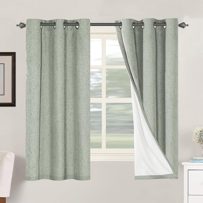 H.VERSAILTEX Primitive Linen Curtains 100% Blackout Curtain Drapes Burlap Fabric Curtains with White Thermal Insulated Liner, Grommet Top Drapes Living Room/Bedroom (2 Panels, 42 x 63 Inch, Sage) HVERSAILTEX