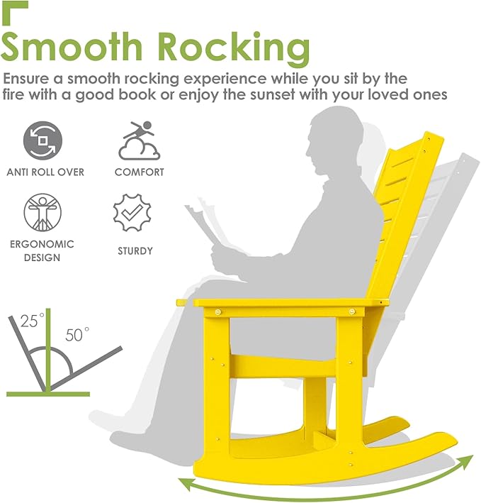 GREENVINES Outdoor Rocking Chair Set | 3-Piece | 2 Rocking Chairs with 1 Side Table | Porch Rocker | HDPE Plastic | Yellow | Patio Furniture Sets | High Back | Big & Tall | Ladder Back GreenVines