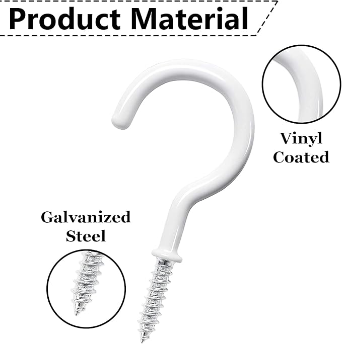 12 Pcs Ceiling Hooks for Hanging Plants, Cups, Utensils and Christmas String Lights, 1-1/4 inch Vinyl Coated Screw-in Plant and Cup Hooks for Wooden and Drywall with Anchors - White & Black Etoolia