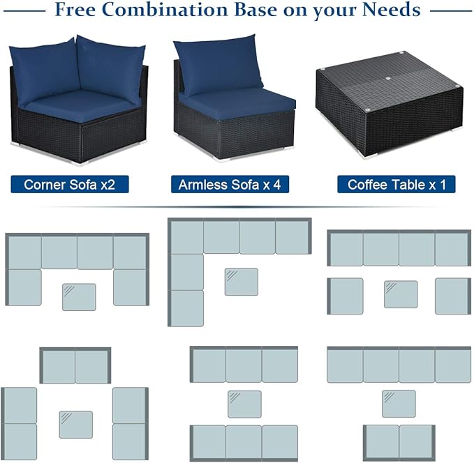 Tangkula 7-Piece Patio Furniture Set, Outdoor Sectional Wicker Sofa with Pillows and Cushions, Conversation Set with Coffee Table & Tea Table for Garden, Lawn (Navy Blue) TANGKULA