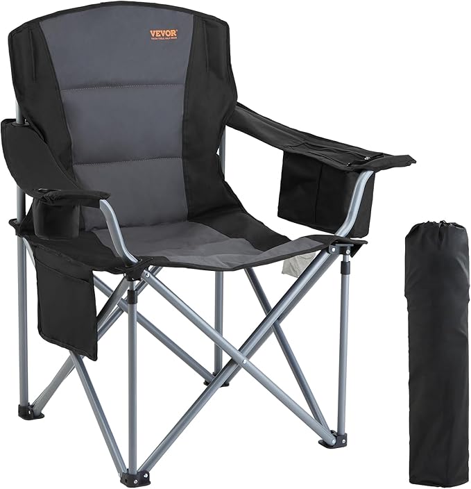 VEVOR Oversized Camping Folding Chair, Portable Heavy Duty Outdoor Quad Lumbar Back Padded with Side Pockets, Cup Holder and Cooler Bag for Beach, Lawn, Picnic, Fishing, Backpacking, Black VEVOR