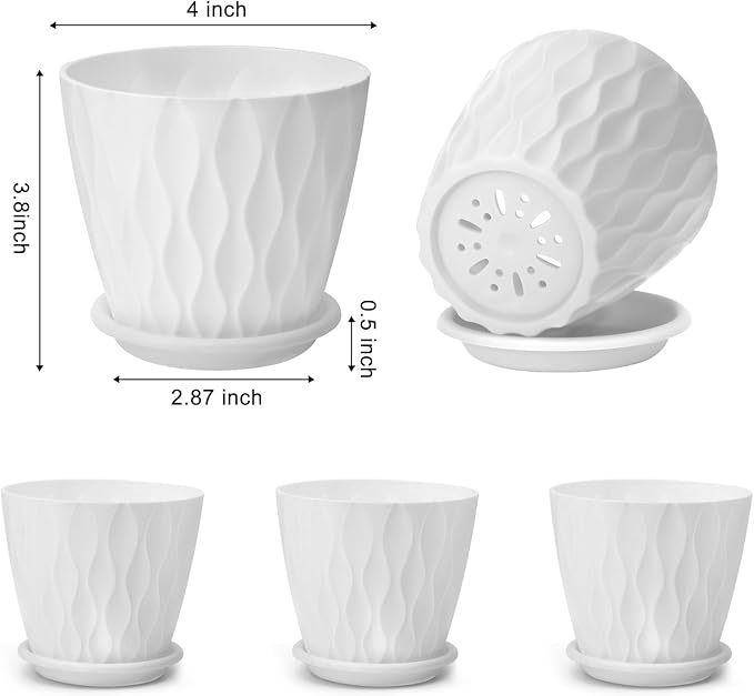 4 inch Plant Pots, 5 Pack Flower Pots Outdoor Indoor, Planters with Drainage Holes and Tray Saucers（White） AFamilyofGardenLovers