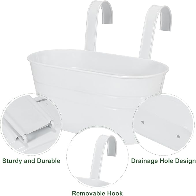 HowRU Metal Iron Flower Pots for Railing Fence Hanging Bucket Pots(5 Pcs) and Hanging Flower Pots Metal Iron Bucket Planter(10 Pcs) (White) HowRU