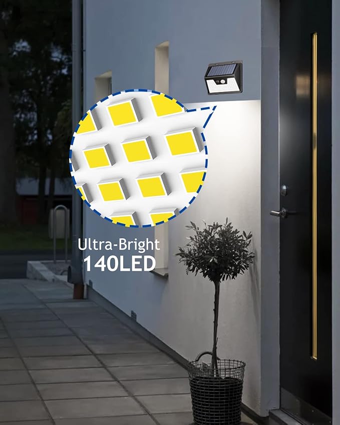 Peasur 140LED Solar Powered Lights Outdoor Waterproof, 3 Packs Motion Sensor Light Ultra-Bright, 3 Modes Fence Security Lighting for Outside Yard Wall Deck Step Garden(Cool White) Peasur