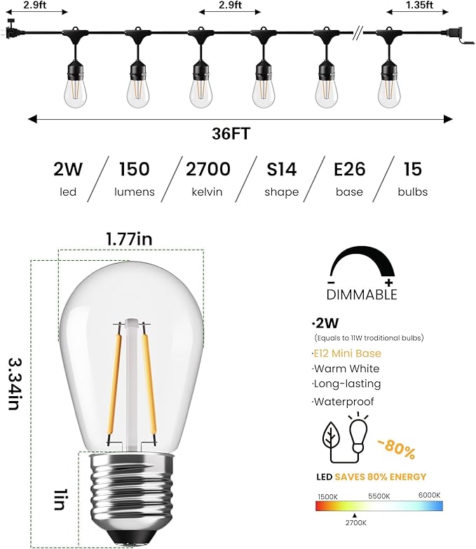 Svater 36 FT Outdoor String Lights 2W, Commercial Grade Patio Light with 13 pc Edison Shatterproof Bulbs, IP65 Waterproof LED Hanging Lighting for Bistro Cafe Market Outside Backyard, Warm White 2700K Svater