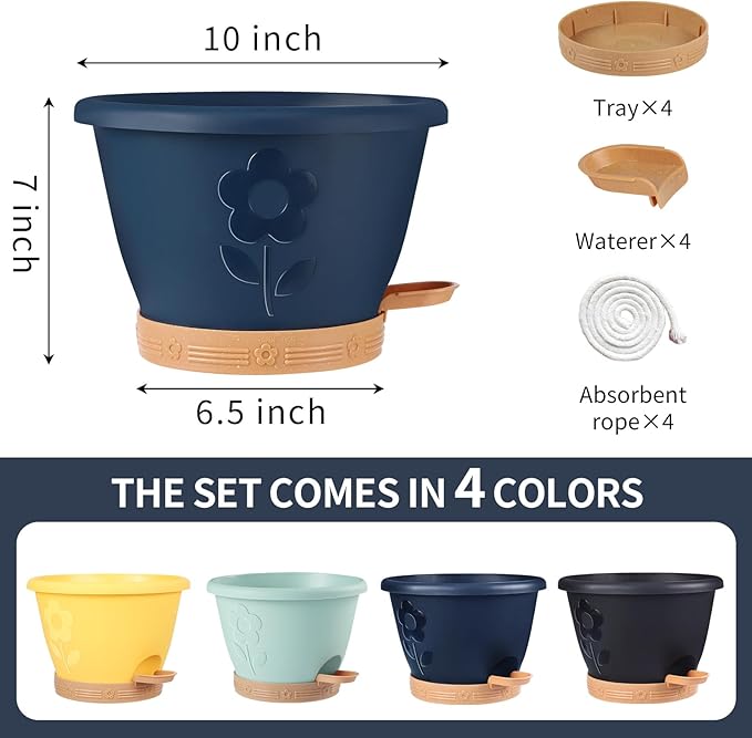 Plastic Plant Pots 10 Inch Set of 4, Self Watering Pots with Drainage Holes, Saucer & Reservoir, Flower Pots for Indoor/Outdoor Plants, Decorative Nursery Planting Pots (Multicolor) gegemaoyi