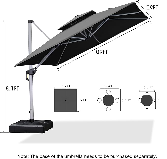 PURPLE LEAF 9ft Patio Umbrella Outdoor Square Umbrella Large Cantilever Umbrella Windproof Offset Heavy Duty Sun for Garden Deck Pool Patio, Grey PURPLELEAF